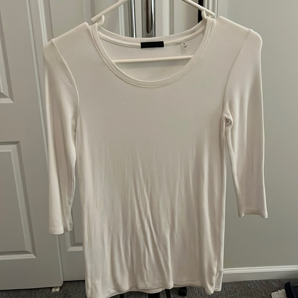 ATM white 3/4 sleeve rubbed white shirt.